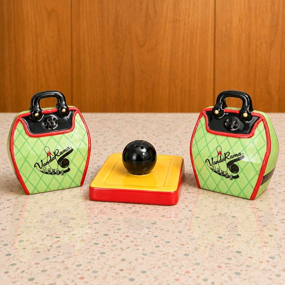 Ceramic Salt and Pepper Shakers Vandor Rama Lanes Bowling Ball Bag Set